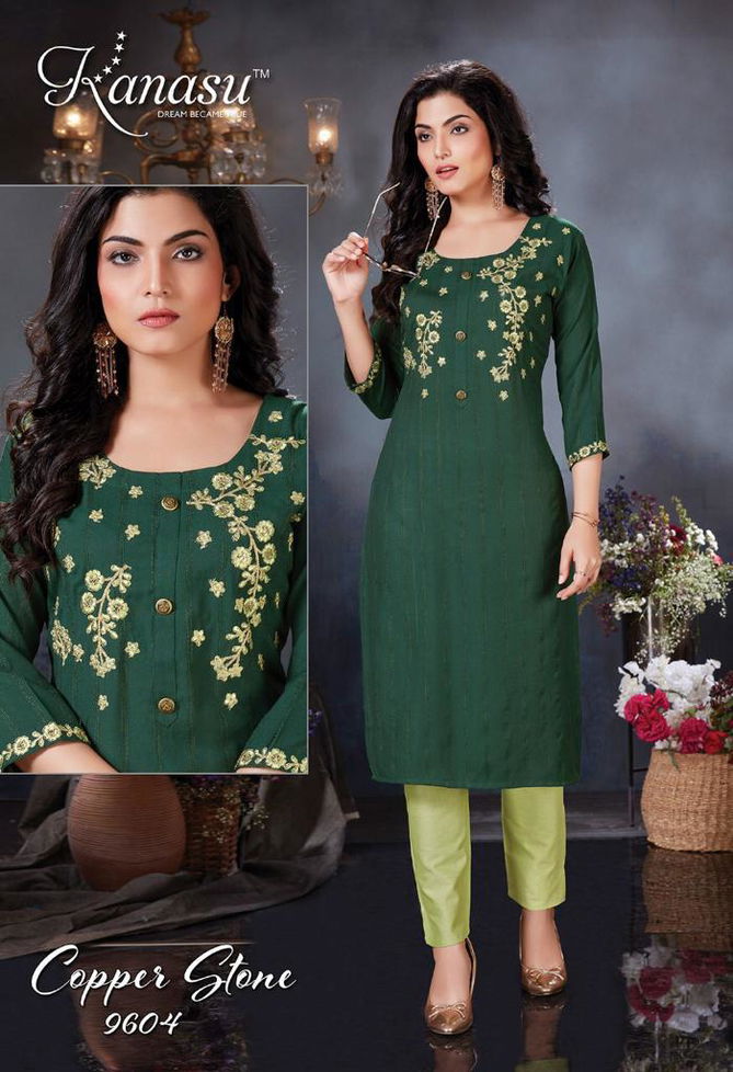 Kanasu Copper Stone Heavy Rayon Fancy Wear Kurti With Bottom Collection